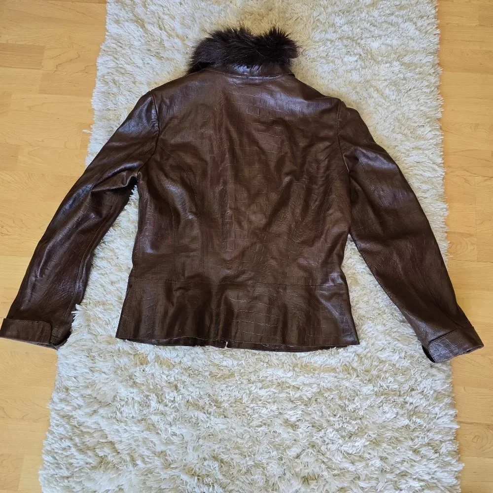 Express Genuine Leather Croc Embossed Brown Jacket Zip Size 14‎ Y2K 90s Western
